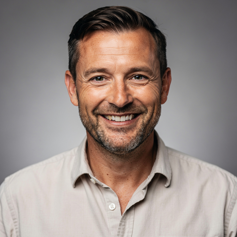 Studio portrait of a smiling Dutch man in his forties
