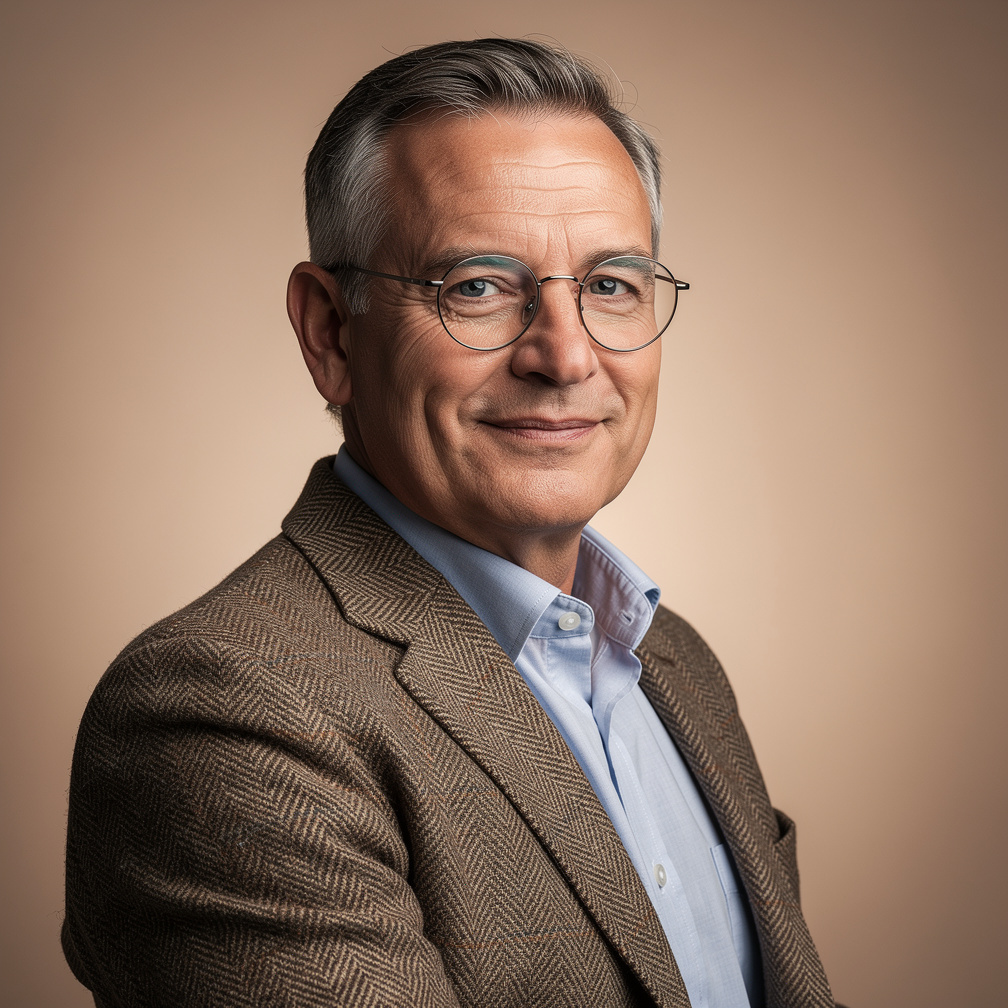 Studio portrait of a middle-aged Dutch male author with glasses and a tweed jacket