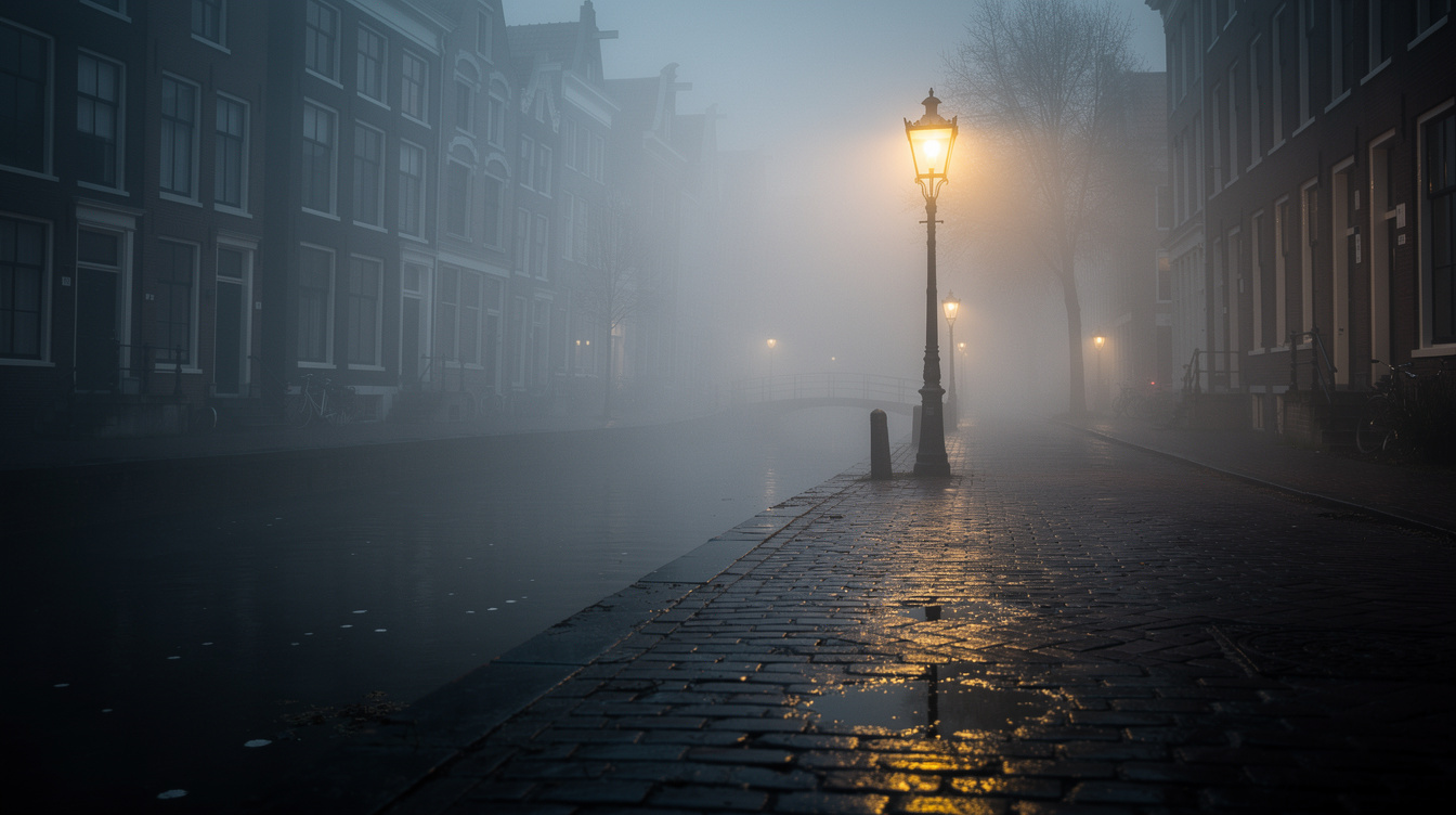 Foggy old European canal street at night with a glowing lamp post